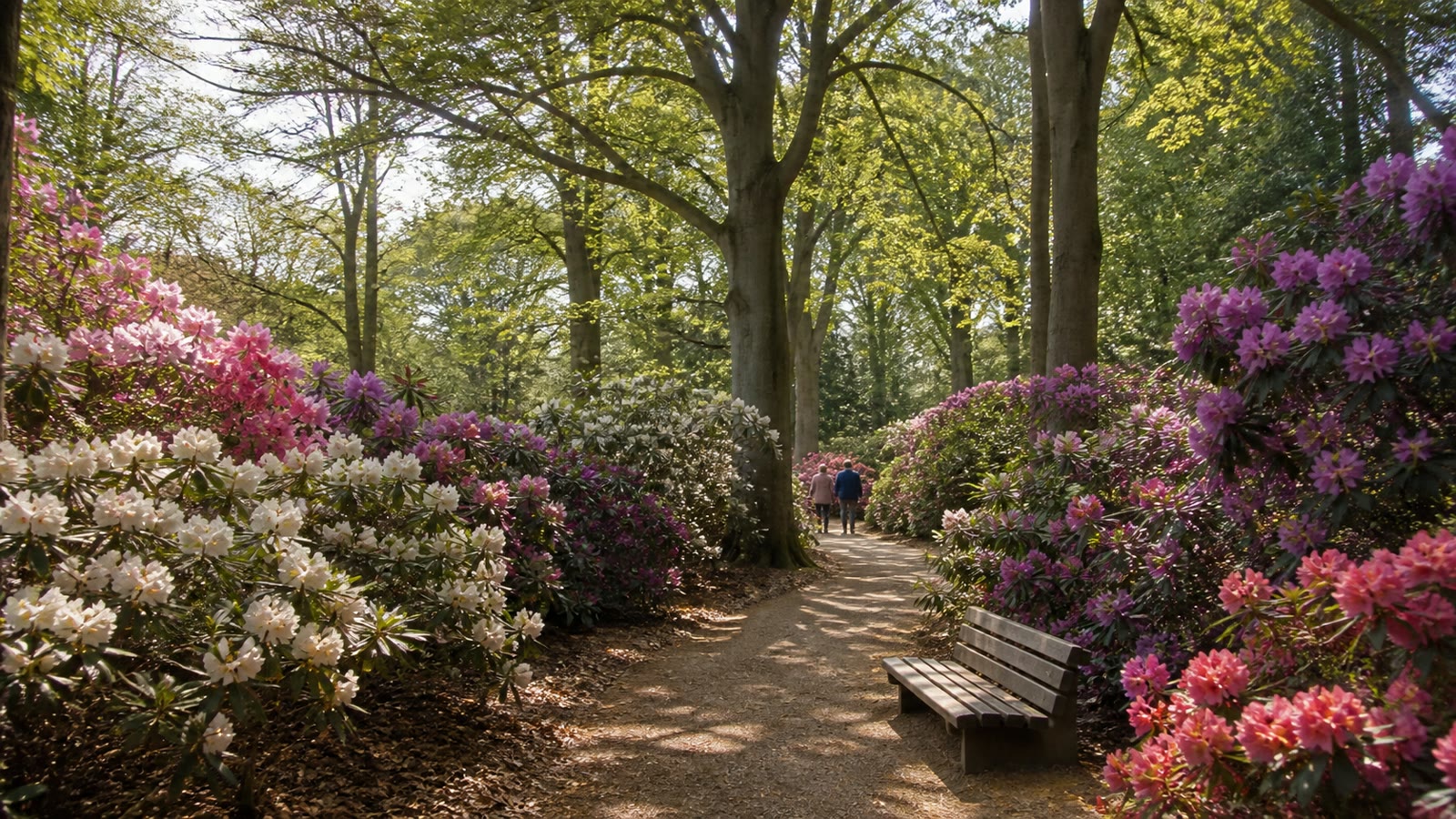 KI-generiertes Stimmungsbild eines Waldwegs zwischen blühenden Rhododendren in Graal-Müritz